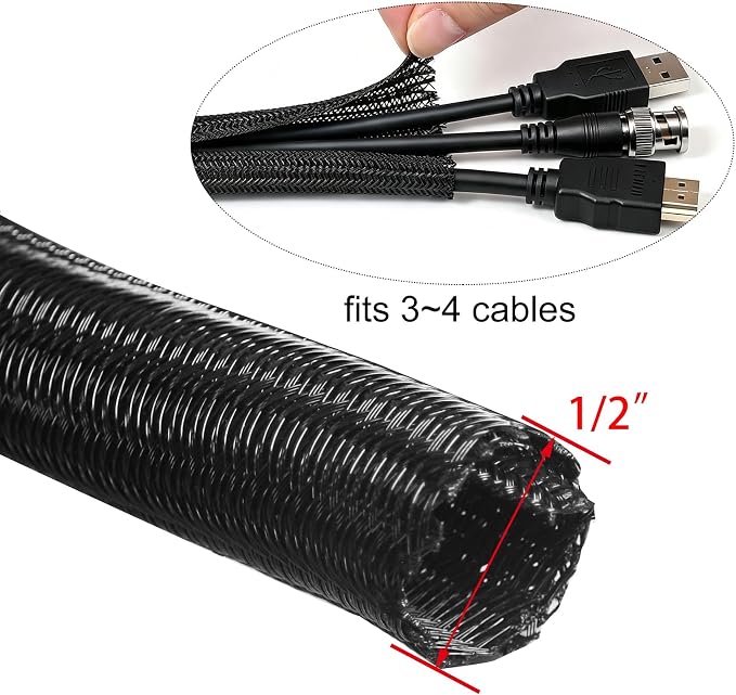 10ft - 1/2 inch Cord Protector Cable Sleeve Split Wire Loom Tubing for Power Cord Audio USB Cable, Cord Sleeve Cable Management for TV Computer, Cord Protectors from Pets Chewing, Black
