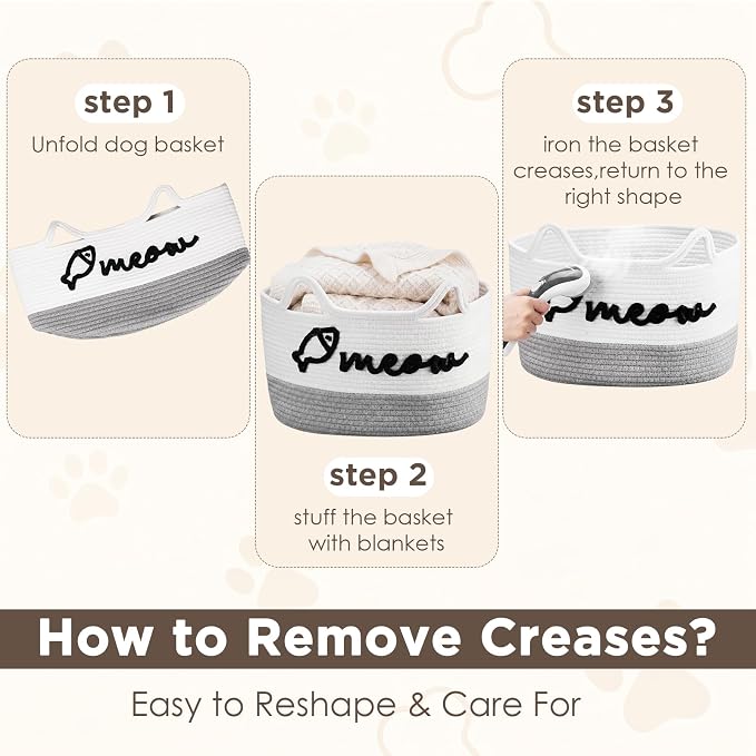 Cat Toy Basket with Cat Ear Handles, 15 x 11 x 9 in Woven Cats Toy Bin, Large Two-tone Cotton Rope Storage Box, Meow Words Organizer for Toys, Blankets, Home Decor (White, Gray)