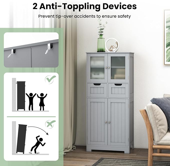 LOKO Bathroom Cabinet, Linen Storage Organizer with Doors & Drawers, Wooden Floor Cabinet with Adjustable Shelves for Bathroom, Living Room or Kitchen (Grey)