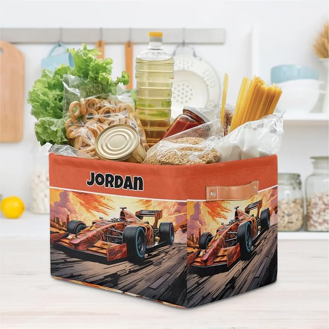 Custom Storage Baskets Named, Personalized Storage Bin Basket Boxes PU Leather Handles for Clothes Bedroom Closet Organizing Toys Books Shelves, Racing Car Background