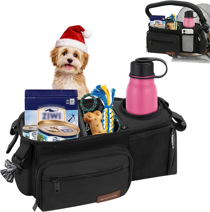 Dog Stroller Organizer Bag, Pet Stroller Caddy with Insulated Cup Holder | Fits 14–19" Handles, Treat Pocket, Poop Bag Dispenser & Multiple Pockets for Dog Stroller Accessories, Dog Mom Gift Ideas