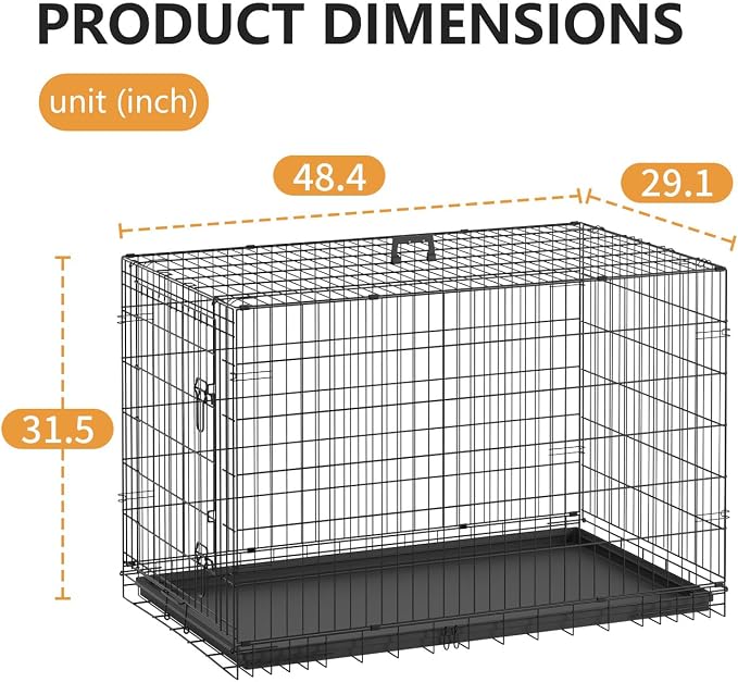 FDW Dog Crate 48-Inch Dog Cage Foldable Metal Kennel with Leakproof Tray Foldable Design Indoor Outdoor Use for XL Large Dogs,Dark Black