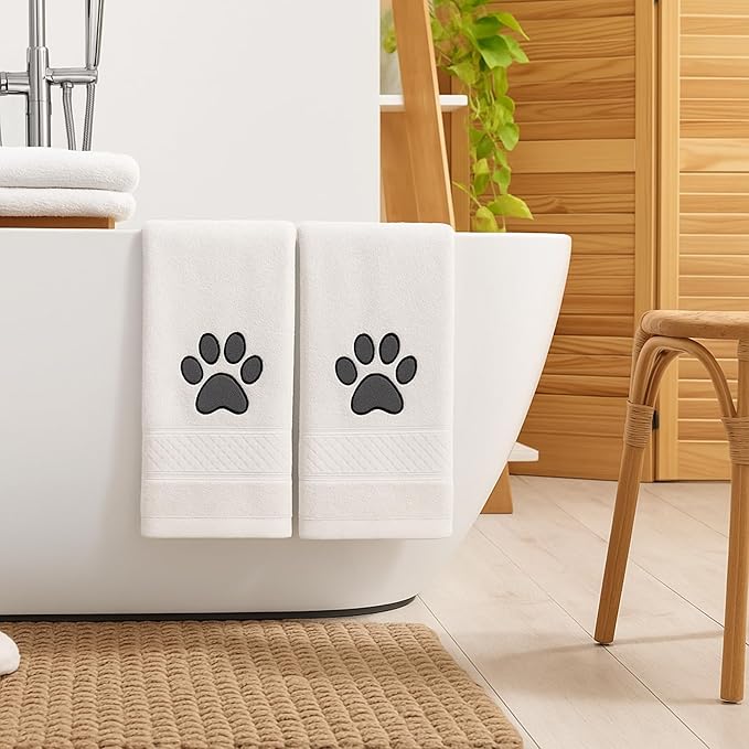 SmoothNovelty 2 Pcs Dog Paw Hand Towels Beige Bathroom Decor 13 x 29 Inch 100% Cotton Embroidered Soft Hand Towels Absorbent Farmhouse for Kitchen Restroom