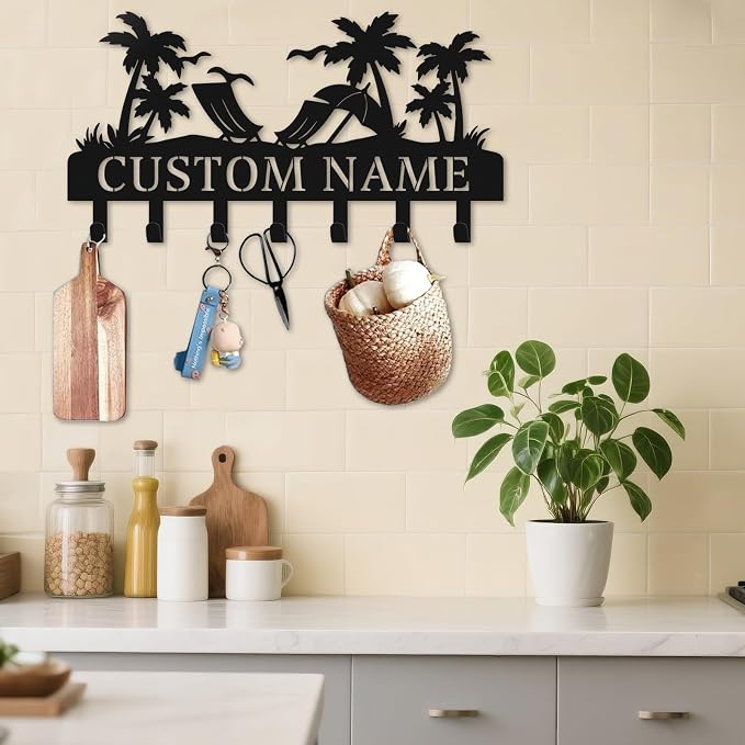 Personalized Key Holder for Wall, Custom Metal Key Hooks with Name | Rust-proof beach design rack for keys, hats, bags and leashes, with free hardware, ideal housewarming gift