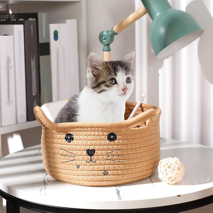 Zopeal Cat Storage Basket Woven Organizer with Ears Decorative Gift Cute Cotton Rope Pet Toy Basket for Gift Cat Dog Toy Bin Nursery Room(13.7 x 7.8 Inch,Khaki)