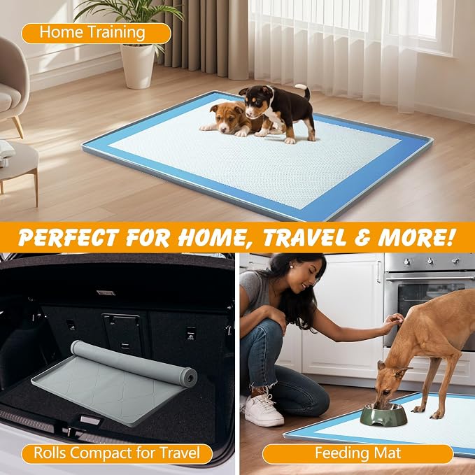 Silicone Dog Pee Pad Holder for 34 x 22 in Pads, Leakproof, Non-Slip | Raised edges, waterproof silicone, easy to clean, portable roll-up design, fits disposable and reusable pads