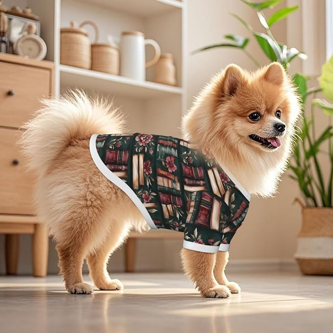 Vintage Floral Bookshelf Dog T Shirt Dogs Cats Cotton Shirts Short Sleeve Clothes Soft Stretchy Pet Costume Doggy Outfit Pullover Jumper Puppy Sweatshirt Medium
