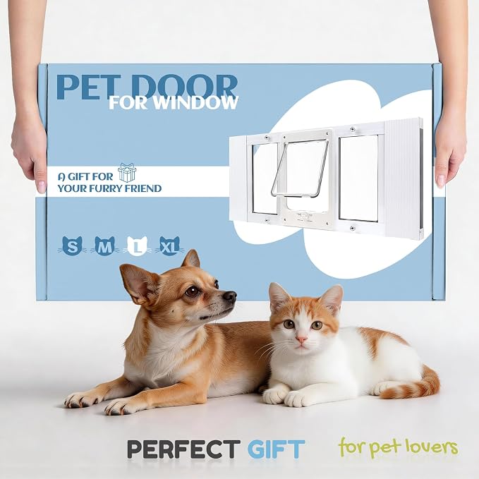 Petoasis Cat Door for Window & Small Dog, Quick Damage-Free Install, 24"-28" Width Adjustable, All Aluminum Frame, 4-Way Lock, Magnetic Closure Cat Window Door, Extra Window Lock & Sealing Strips (S)