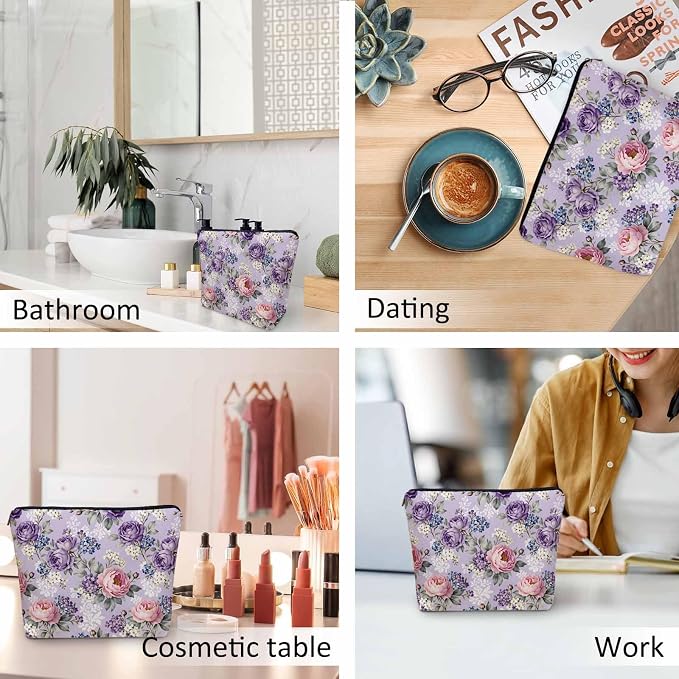 Rose Purple Makeup Bags Makeup Organizer, Vintage Blossom Flowers Rose Flax Toiletry Bags Travel Cosmetic Bag Makeup Purse Pouch Skincare Bag Wallet Bags For Women Female Mom Daughter