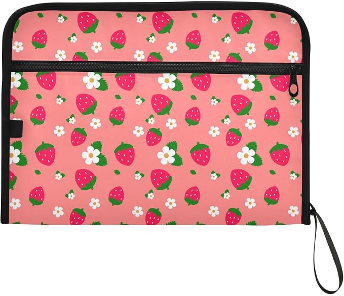 13 Pocket Zipper Expanding File Folder A4 Cute Strawberry Flower | Accordion File Organizer with Front Pouch A4 Letter Size Portable Folders for Documents Receipt School Office Supplies