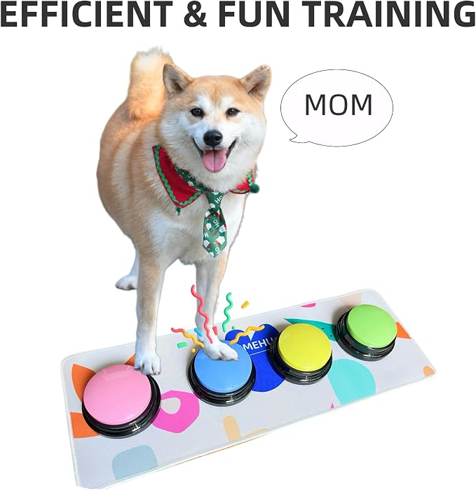 Dog Communication Buttons Mat with 4 Fixed Button Spots, Non Slip Pet Talking Button Pad with 27 Pairs Hook and Loop Fasteners, Pet Speech Button Organizer for Buttons, Cat & Dog Training