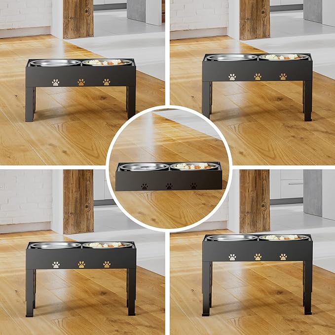 LAKIPETN Elevated Dog Bowls with Mat, Raised Dog Food Bowl Stand with 2 Stainless Steel Bowls, 5 Height Adjustable (3.1", 9", 10", 11", 12") Non-Slip Feeder Set for Medium and Large Dogs โ Black