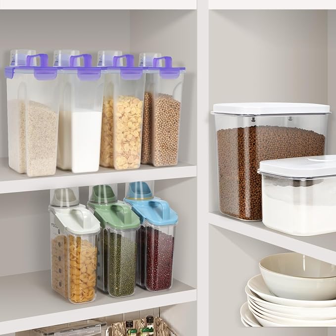 LEAWALK 10LBS Airtight Rice Food Storage Container BPA Free, 5.28Qt Clear Plastic Kitchen and Pantry Organization Bin Suitable for Cereal, Dry, Oats, Flour, Sugar, Pasta, Pet Food-Clear Purple