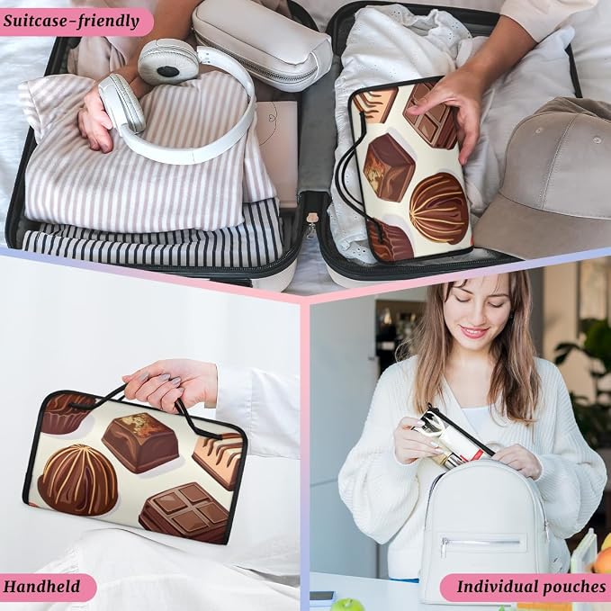 Chocolate Makeup Bag for Women Hanging Roll-Up Travel Organizer Toiletry Kit with 4 Removable Compartments, Food