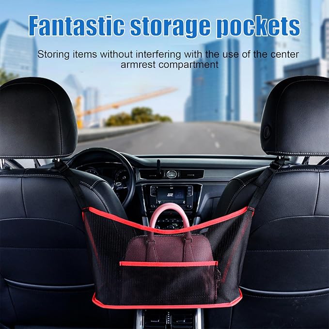 Ziciner Car Net Pocket Handbag Holder, Organizer Mesh Bag Between Two Seat, Driver Storage Netting Pouch for Handbag Purse, Barrier of Backseat Pet Kids, Car Accessories for Women Men (Black&Red)
