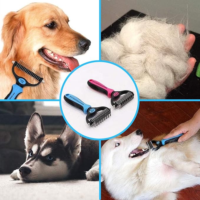 YNR Deshedding Dog Brush for Long Haired Dogs, Cats & Pets – Dual-Sided Undercoat Rake for Dematting, Detangling & Matted Fur, Stainless Steel Pet Grooming Comb with Anti-Slip Handle