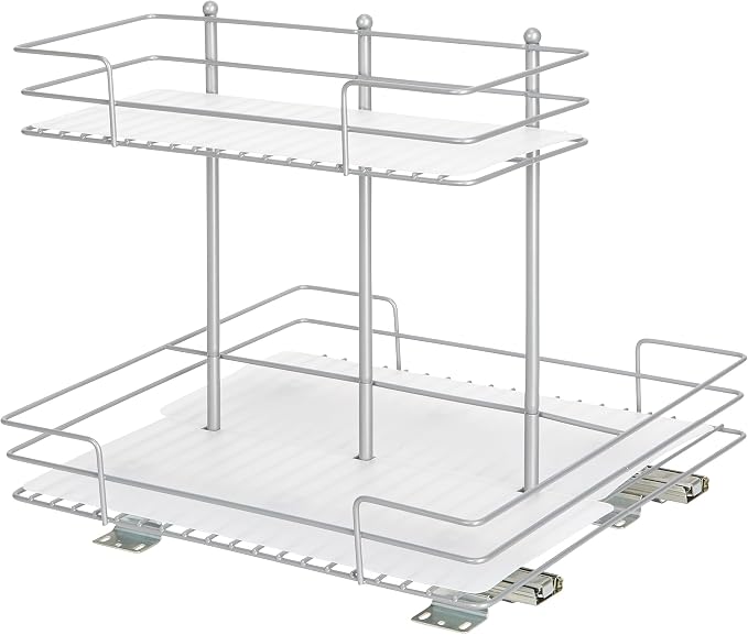 Household Essentials Glidez Steel Pull-Out/Slide-Out Storage Organizer with Plastic Liners for Under Sink or Wire Shelf Use - 2-Tier Design - Fits Standard Size Cabinet or Shelf, Brushed Silver