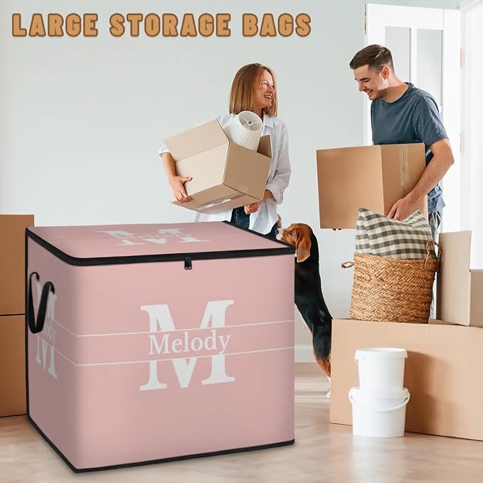 Personalized Name Foldable Storage Basket Cubes with Initial Letter, Pale Pink Quilt Comforter Storage Bin with Handles for Shelf Home Closet Bedroom