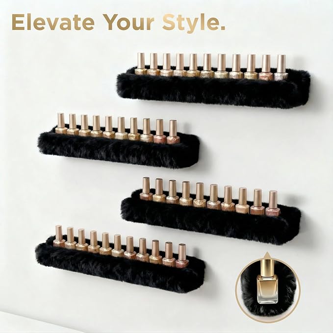 Wall-Mounted Nail Polish Organizer Rack - 15-Inch Plush Nail Polish Shelf, Makeup & Beauty Essentials Storage - Multi-Purpose Display Holder for Small Space, Vanity Bathroom, 6 Pack Black