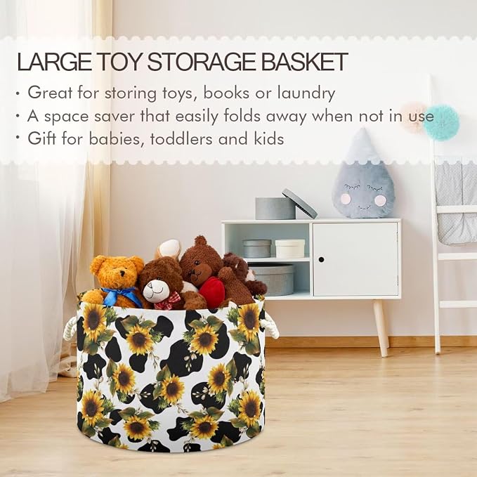 Sunflower Cow Print Collapsible Round Storage Basket with Handles | Yellow Flowers Large Laundry Baskets Hamper, Clothes Organizer Bin for Bedroom Living Room Decor, 20x 20x 14 Inches