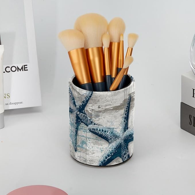 Faux Leather Pen Holder for Desk, Pencil Organizer Retro Starfish Pen Cup Desk Decor Makeup Brush Holder Storage for Office Home