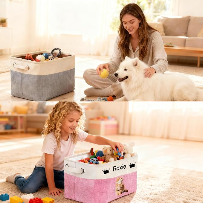 Customized Pet Toy Storage Basket - Personalized Dog & Cat Toy Organizer with Name, Foldable & Durable Fabric Bin for Pet Supplies, Organizer for Toys, Coats, Clothing, Blankets Brown