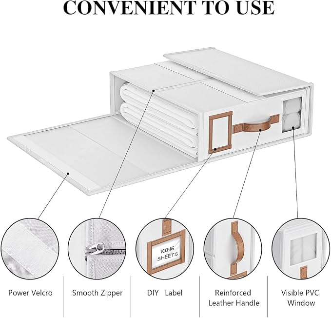 8 Pack Bed Sheets Organizers And Storage,Sheets Set Folder Keeper with Handle,Foldable Bedding Storage Box For Linen Closet,Duvet Cover(King Size-3.7 Gal,White)