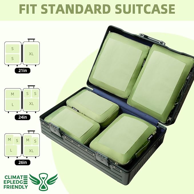 BAGAIL 4 Set/6 Set/8 Set Compression Packing Cubes Travel Accessories Expandable Packing Organizers (Square Mesh, 06-Matcha Green)