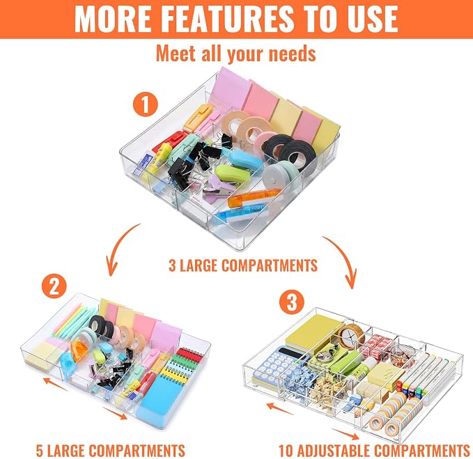 Expandable Drawer Organizer Tray with Adjustable Dividers, Clear PET Storage Box for Office Supplies, Makeup, Jewelry & Vanity, 10 Compartments, 1-Piece Set (10.6" x 15.7", Height 2.3")