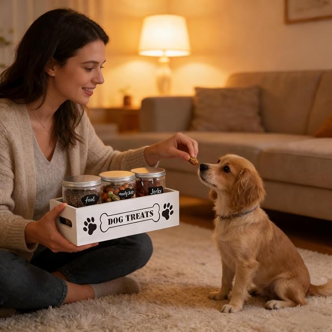 Dog Treat Container Pet Organizers and Storage with 3 Jars Doggie Snack Storage Cat Treat Holder for Countertop Dog Food Storage Cabinet Farmhouse Decor Gift with Reusable Sticker & Marker