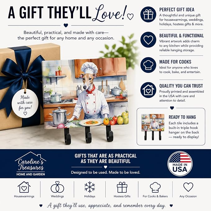 Caroline's Treasures Whippet The Chef Leash or Key Holder Wall Hooks, Key Hooks Holder, Coat Rack Wall Mount, Coat Hooks, Hooks for Hanging Keys, Towels, Aprons, Leashes | Whippet The Chef artwork on ceramic tile with three steel hooks for keys, leashe...