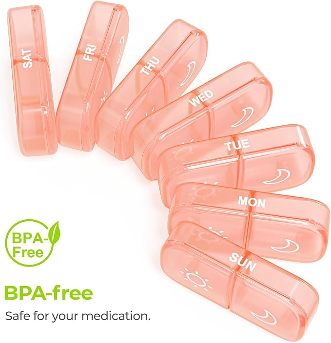 AUVON Weekly Pill Organizer 2 Times a Day, One-Sided Opening, Easy to Use | AM PM Pill Case, XL Pill Box 7 Day, Travel Medication Organizer for Medication, Vitamins, Fish Oils, Supplements, Peach Pink