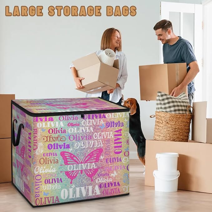 Personalized Extra Storage Bins with Lid, Customized Name Butterfly Storage Basket Rectangle Clothes Organizer for Organizing Kids Toys Shelf Closet, Yellow Pale Turquoise Pink Glittering