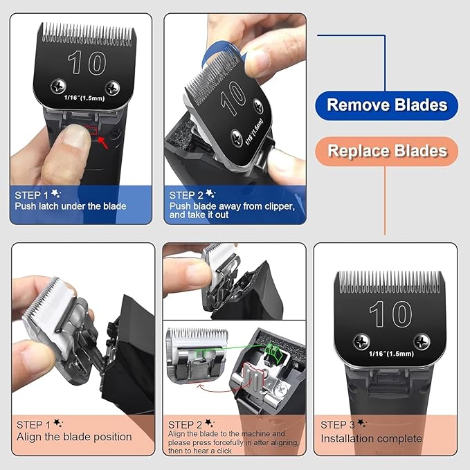 Audoc 10 Blades Dog Grooming Blades Compatible with Andis/Oster A5/Wahl KM-10 Series Dog Clippers,Detachable Clipper Replacement Blade,Black,Size 10 Blade 1/16" (10#/2PCS)