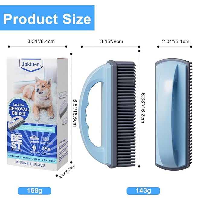 HOP Blue Rubber Pet Hair Removal Brush Soft Bristle Lint&Debris Remover for Clothes Sofa Furniture Pet Grooming Tool for Dogs and Cats Gentle Remove Loose Hair 6.38/16.2cm