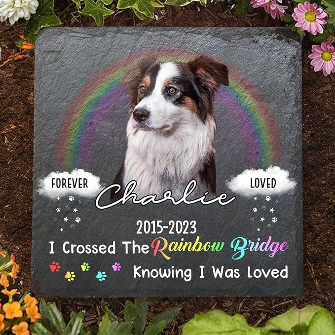 Wrappiness Pet Memorial Stone - I Crossed The Rainbow Bridge, Personalized Dog Memorial Gifts, Remembrance Condolences Bereavement Gifts for Loss of Pet Custom Photo (Square 04, Stone with Stand)