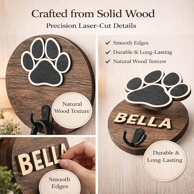 Personalized Dog Leash Holder Wall Mount, Wooden Dog Leash Hanger with 52 Letters, Pet Leash Wall Hook Organizer for Dog Collar & Harness, Paw Design Entryway Home Decor (Single Hook)