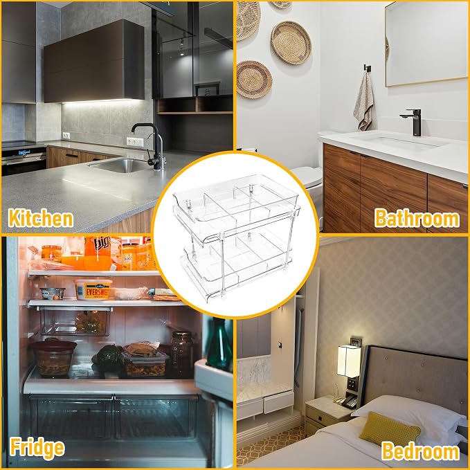 2 Pack Bathroom Storage Organizer with Dividers, 2-Tier Clear Vanity Counter Makeup Storage, Stackable Pull Out Under Sink Organizers for Bathroom Kitchen Pantry