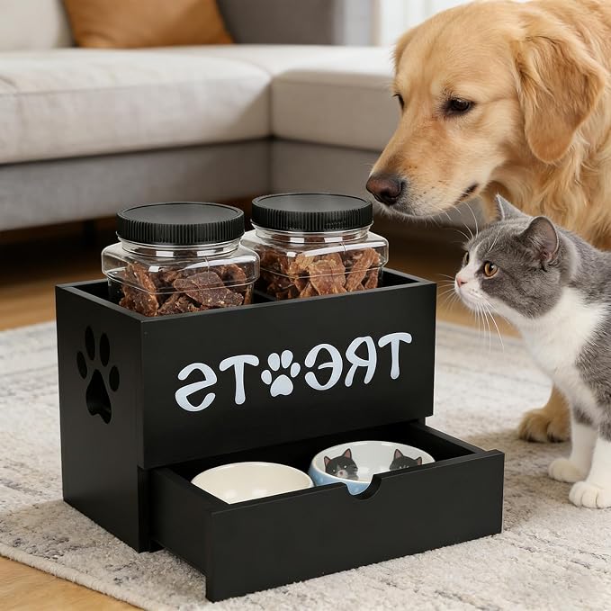 Dog Treat Jar for Countertop, 9.8 * 5.1 * 6'' 2 Layer Dog Treat Container with Drawer 2Jars and Sticker Wooden Pet Food Organizer Storage Basket For Pets Great Gift for Pets' Owners (Black)