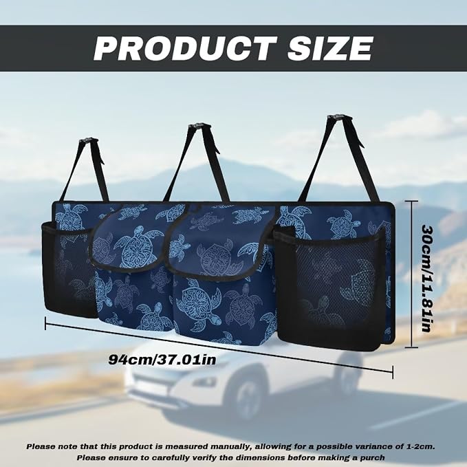 Dreaweet Blue Sea Turtle Car Trunk Organizer Hanging Back Seat Storage Bag with 4 Pockets,Turtle Car Accessories Waterproof Adjustable Large Capacity Collapsible Trunk Organizer for SUV Trucks Sedan