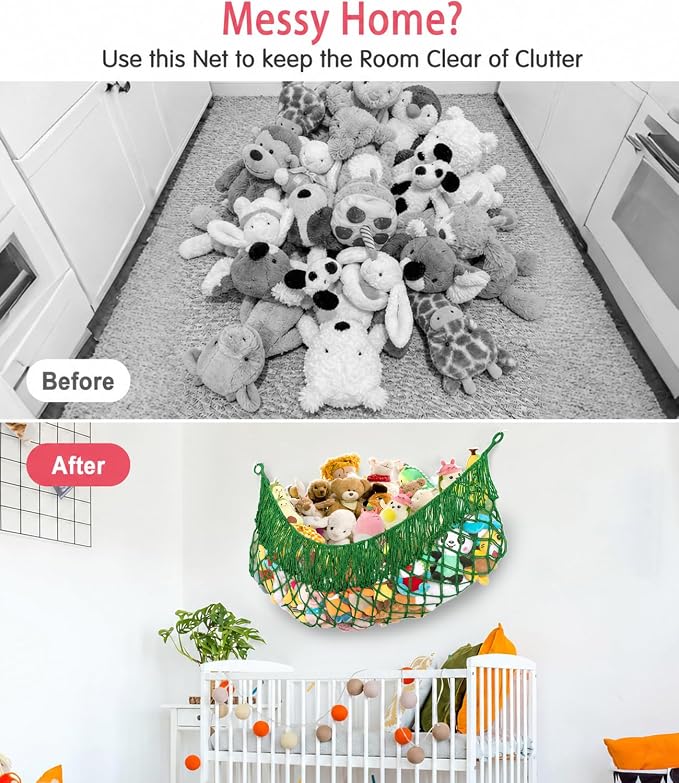 Stuffed Animal Hammock - Extra Large 63'' Long (Emerald green) | Premium Cotton Hand-knitted, Beautiful Long Tassel, Storage Hanging Organizer, Can Fit Stuffed Animals 40 Piece or More