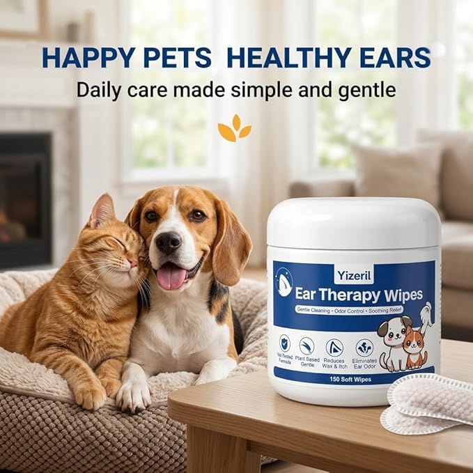 Dog Ear Wipes - 150 Count Finger Ear Cleaner for Dogs and Cats, Alcohol Free Plant Based Ear Cleaning, Remove Wax Dirt Odor