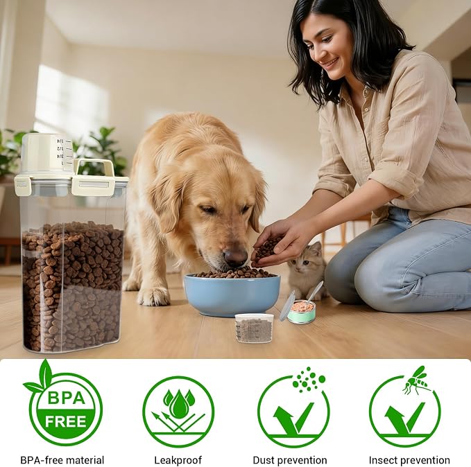 Cat Dog Food Storage Container, 3–5Lbs Portable Pet Food Storage Containers with Cup & Silicone Can Lids for Canned Food Spoon, Small Animal Kibble Dispenser for Bird Seed Cereals Clear/Beige