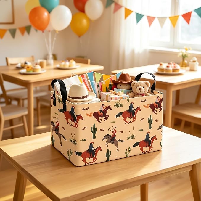 Rectangular Collapsible Storage Basket Nursery Toy Organizer Cactus Cowboy | Storage Bin Foldable Canvas with Handles for Organizing Home Kitchen Children Toys Office Closet Shelf Baskets