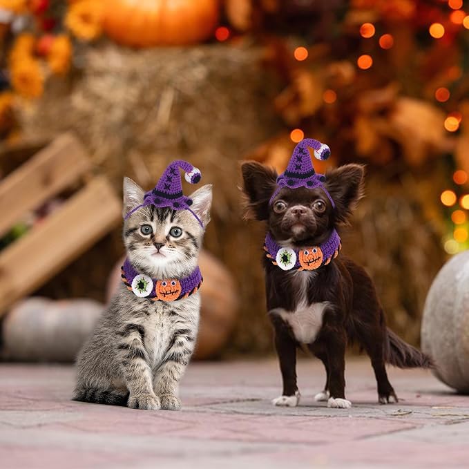 Kunyeah Halloween Pet Costume Set for Cats Small Dog Adjustable Knitted Hat Scarf Pumpkin & Witch Print Puppy Bib Cute Crochet Cat Collar Cap Pet Apparel Outfit (Purple-Eyes)