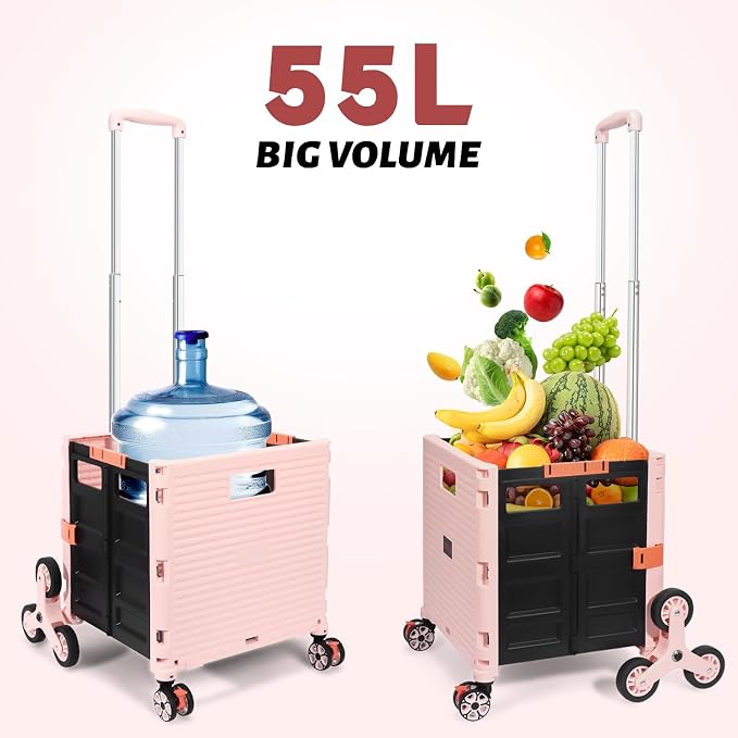 FELICON SELORSS Folding Utility Climber Cart Portable Rolling Crate-Pink | Stair Climbing Wheels+360°Swivel Wheels,Telescoping Handle,Plastic Box Dolly for Travel Shop Move Laundry Office Teacher Use
