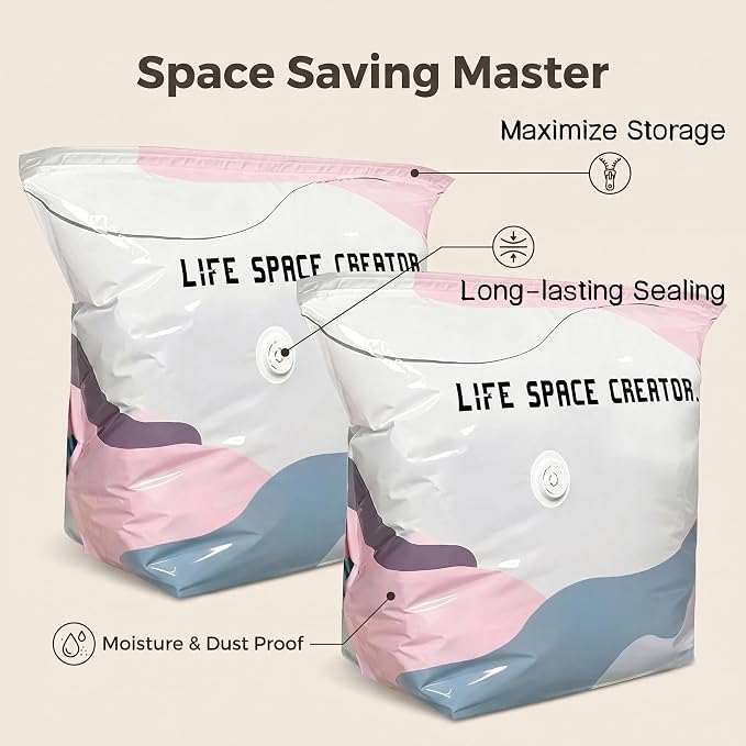 Zero Pump Storage Bags, No‑pump Vacuum Storage Bags – Press & Seal, No Pump Needed, Extra Large 𝐒torage 𝐁ags, Reusable for Clothes Duvet Travel and Home (M 6pcs)