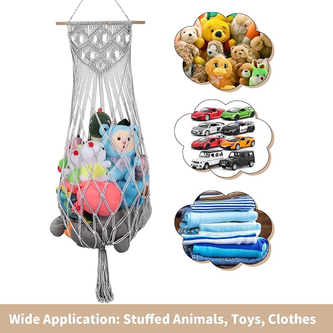 63 Inch Stuffed Animal Storage Corner,Macrame Toy Plushie Net,Gray | Wall Ceiling Over Door Hanging Hammock for Stuffed Animals,Toy Storage Display w/ Star Lights,Nursery Playroom Kid Room Decor