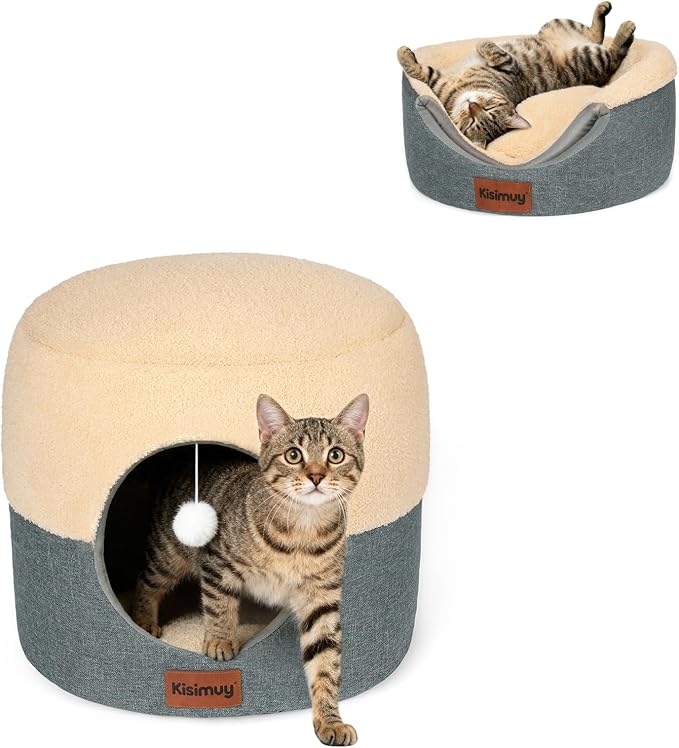 2-in-1 Foldable Cat Bed for Indoor Cats, Cat Cave & Sofa Bed | 15.7"D x 13"H, Reversible Plush & Linen Cushion,Enclosed Cat Bed, Hanging Cat Toys, Non-Slip, Small Cat House, Grey
