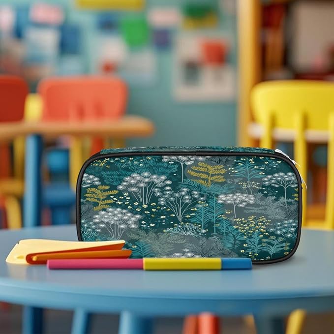 Pencil Case Pouch, Teal Green Plant Pattern Large Pen Bag with Zipper, Portable Zipper Pencil Pouch Organizer for Student Teen Girls Boys